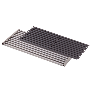Stainless steel and black grill grate set for outdoor cooking.