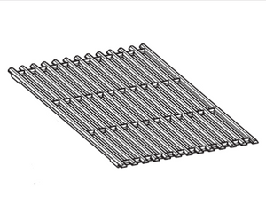 Metal grill grate with parallel bars, rectangular shape, open slots for airflow. Ideal for grilling or oven racks.