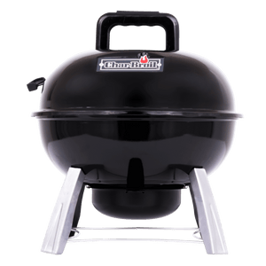 Char-Broil portable charcoal grill with black lid, sturdy handle, and metal legs for outdoor cooking.
