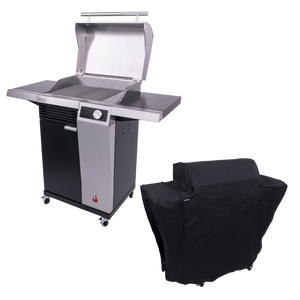 Char-Broil EDGE electric grill with lid open, shown next to a fitted black grill cover.