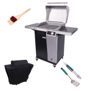Char-Broil EDGE electric grill with cover, grill brush, spatula, and tongs on a white background.