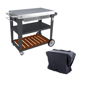 Char-Broil outdoor prep cart with shelves, wheels, and a protective cover for weather-resistant storage.