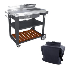Outdoor prep cart with storage shelves, utensil hooks, and a protective cover, ideal for grilling and food prep.
