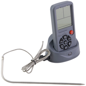 Gray Char-Broil digital thermometer with probe and buttons.
