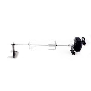 Rotisserie motor with stainless steel rod and prongs, black motor housing.