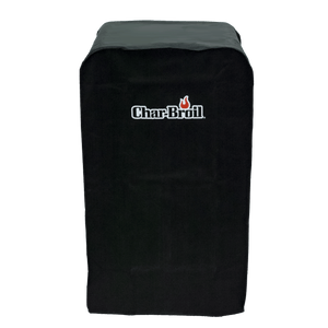Black Char-Broil grill cover with logo, designed to protect upright grills from weather and debris.