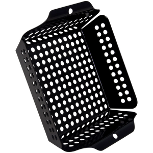 Black perforated metal box with angled design and mounting bracket.