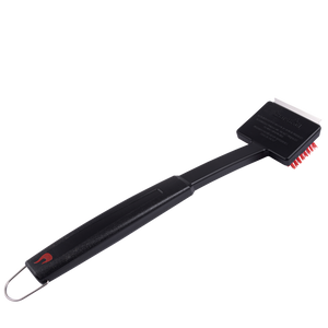 Black grill brush with red bristles and handle, featuring a hook for hanging.