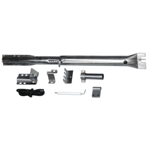 Silver automatic door closer with mounting hardware and accessories.