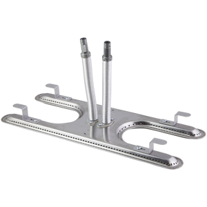 Silver metal gas burner assembly with two vertical tubes and multiple holes.