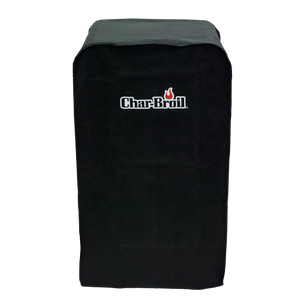 Black Char-Broil grill cover with flame logo.