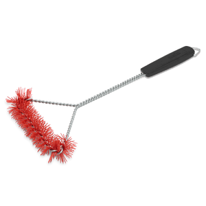Char-Broil grill brush with red nylon bristles and a black handle for safe, effective grill cleaning.