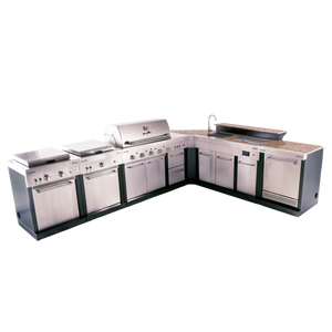 Char-Broil modular outdoor kitchen with grill, sink, refrigerator, and storage, shown in stainless steel finish.