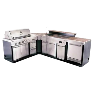 Stainless steel outdoor kitchen with built-in Char-Broil gas grill, sink, storage cabinets, and refrigerator.