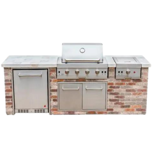 Outdoor built-in brick kitchen with stainless steel Char-Broil gas grill, side burner, storage, and mini fridge.