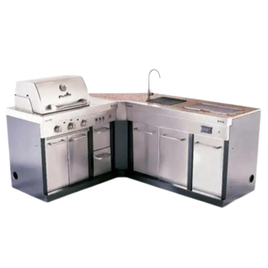 L-shaped outdoor kitchen with a built-in Char-Broil gas grill, sink, storage cabinets, and stainless steel countertop.