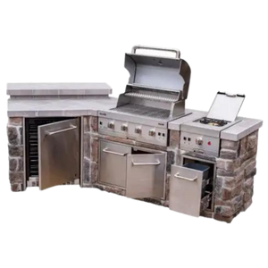 Char-Broil outdoor kitchen with built-in grill, side burner, storage cabinets, and refrigerator, stone finish.