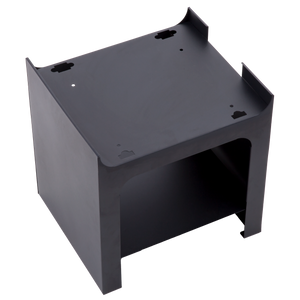 Black metal shelving unit with open sides and top cutouts.