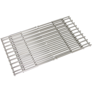 Silver metal grill grate with evenly spaced bars.