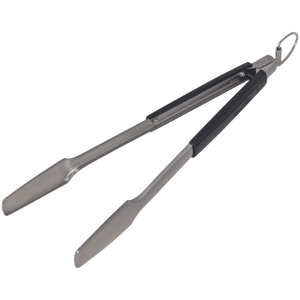 "Black-handled stainless steel tongs with loop end."