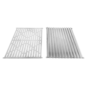 Silver perforated and corrugated metal panels, likely for industrial or construction use.
