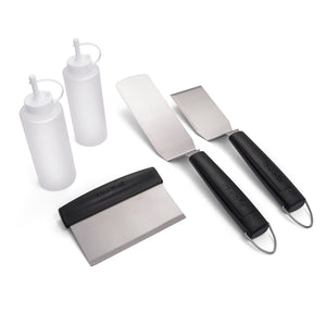 White squeeze bottles and black-handled spatulas with Char-Broil branding.