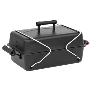 Black portable grill with foldable handle and side-mounted control knob.