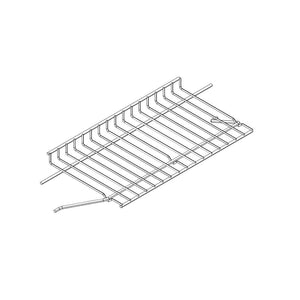 Metal wire shelf with raised edges and support bars, suitable for storage or organization. Rectangular, open grid design.