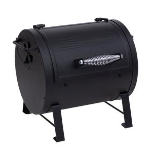 Black American Gourmet smoker with spring-assisted lid.