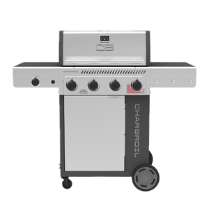 Silver Char-Broil Performance Series gas grill with four burners and control knobs.