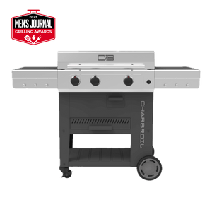 Silver Char-Broil gas grill with three burners and side shelf.