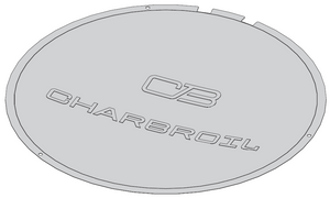 Round metal grill cover with "CB CHARBROIL" embossed in the center; smooth surface and edge holes for mounting.