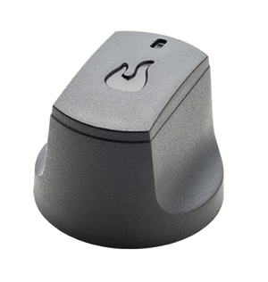 Black gas stove control knob with flame icon, textured finish, ergonomic grip, and raised indicator mark on top.