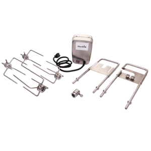 Silver Char-Broil electric grill components including racks, rotisserie, and control box.