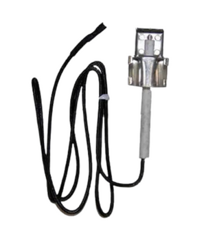 Metal cartridge heater with a long black cable, cylindrical body, and mounting bracket for industrial heating applications.