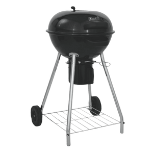 Charcoal kettle grill with a black lid, wheels for mobility, and a lower storage rack. Ideal for outdoor grilling.