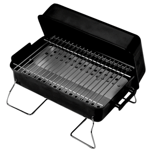 Portable charcoal grill with open lid, metal cooking grate, and foldable legs for easy transport.