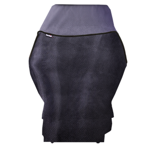 Black Char-Broil grill cover protecting a gas grill, shown from the front.
