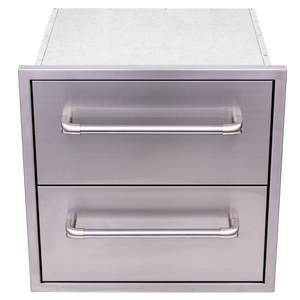 Stainless steel outdoor kitchen double drawer unit with horizontal handles, ideal for grill storage and organization.