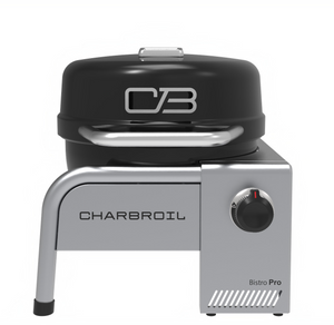 Char-Broil Bistro Pro tabletop gas grill with black lid, control knob, and sturdy metal legs, shown from the front.