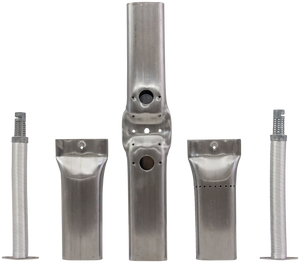 Silver metal components with cylindrical shapes and circular cutouts.
