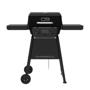 Black Char-Broil electric grill with control knobs and wheels.