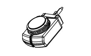 Black and white drawing of a rotary knob audio adapter with a textured dial and a 3.5mm plug.