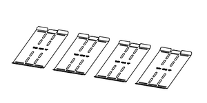 Set of four metal mounting brackets with slotted holes and folded edges, shown in a row.