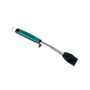 Teal and black Char-Broil grill brush with metal handle and silicone bristles.