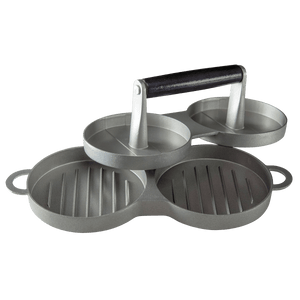 Set of three round grill pans with handles and a black carrying handle.
