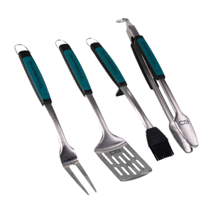 "Set of four stainless steel Char-Broil barbecue tools with teal accents."