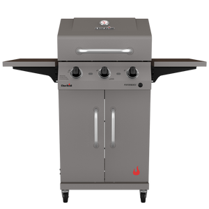 Gray Char-Broil Performance gas grill with three burners and side shelves.