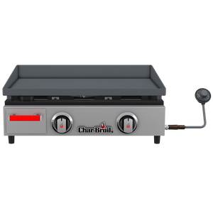 Gray Char-Broil gas griddle with two control knobs and a pressure gauge.