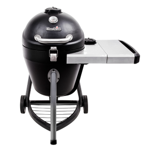 Char-Broil charcoal grill with side shelf, temperature gauge, and wheels for easy mobility.